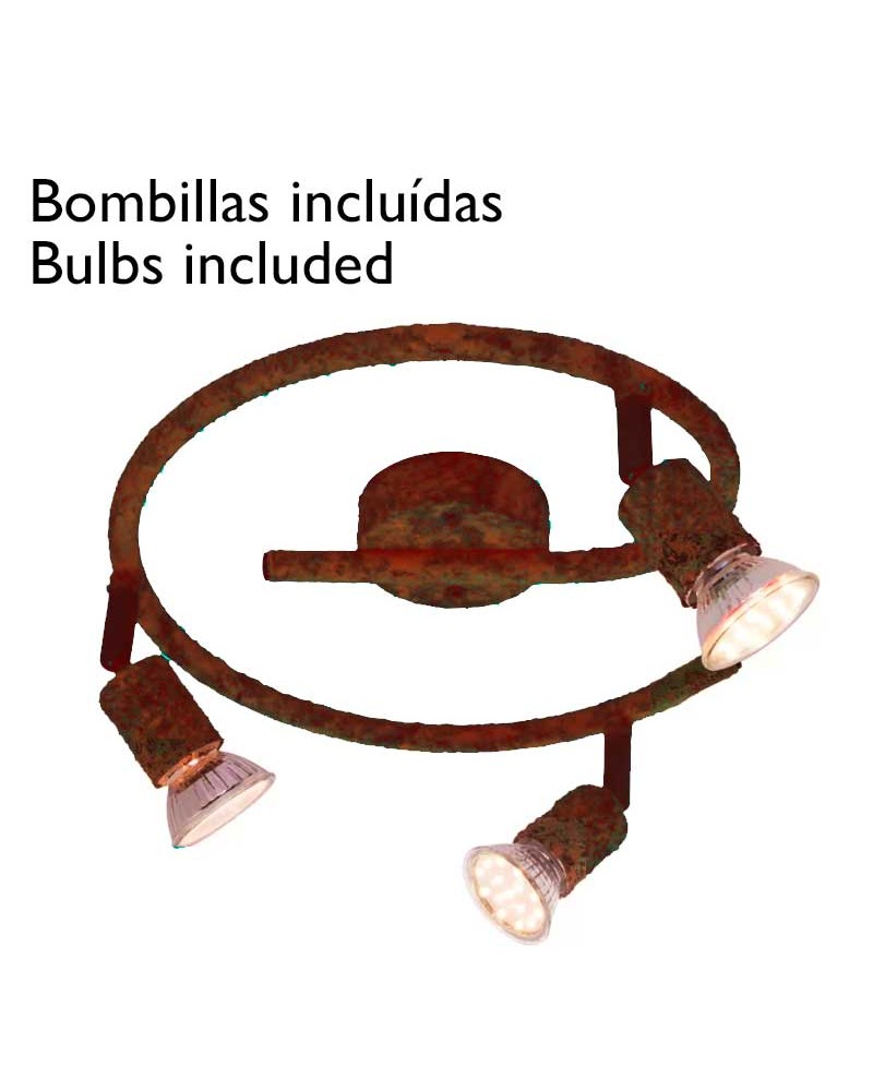 Plafón de techo circular 28cm rustico marrón óxido con 3 focos oscilantes 3xGU10 bombillas LED incluidas