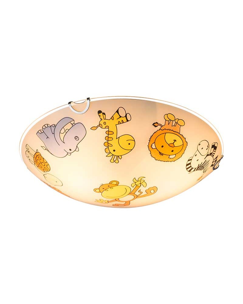 Plafón de techo infantil redondo cristal 30cms dibujos animales selva 2xE27