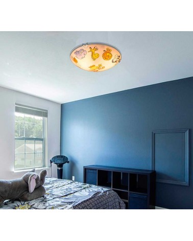 Plafón de techo infantil redondo cristal 30cms dibujos animales selva 2xE27