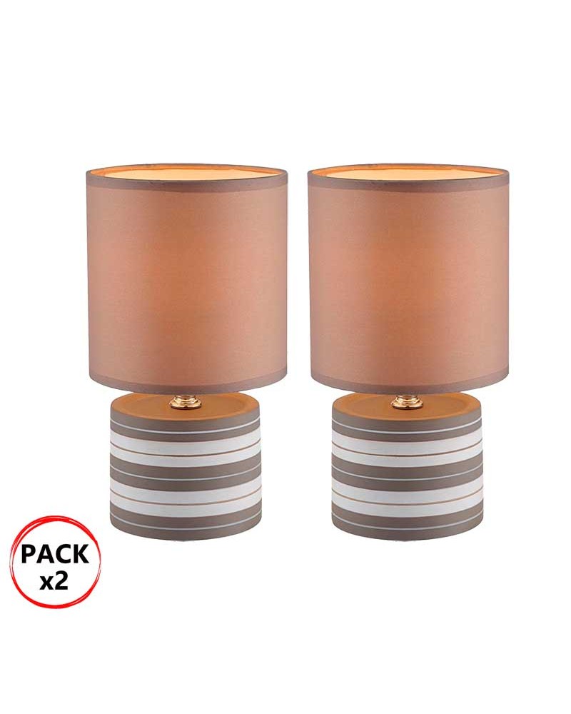 Set 2 Lamparas de mesa 26cm de ceramica rallada marrón E14 Pantalla de tela marrón