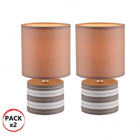 Set 2 Lamparas de mesa 26cm de ceramica rallada marrón E14 Pantalla de tela marrón