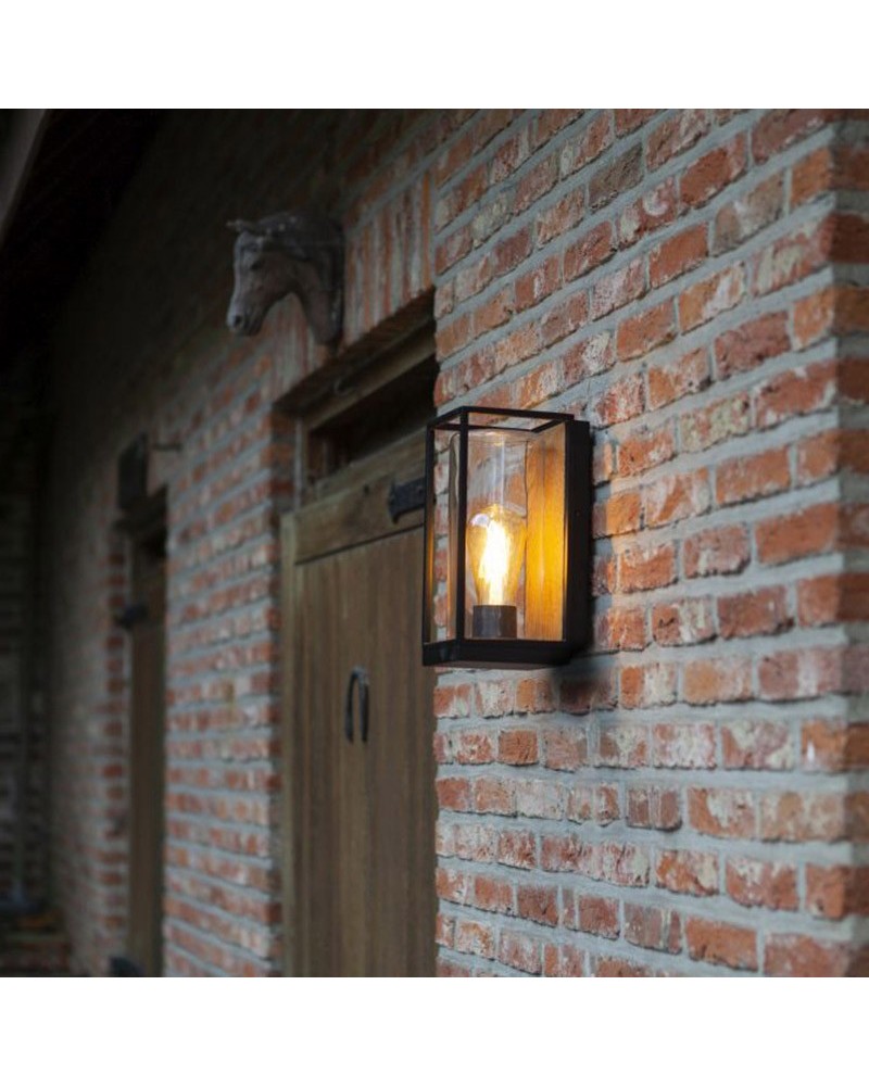 Outdoor wall light 26cm in aluminum and glass with black and wood finish E27 IP44