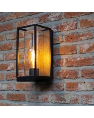 Outdoor wall light 26cm in aluminum and glass with black and wood finish E27 IP44