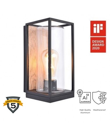 Outdoor wall light 26cm in aluminum and glass with black and wood finish E27 IP44