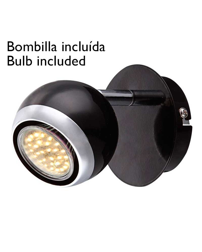 Foco negro y cromado para pared con pantalla esferica GU10 bombilla LED incluida