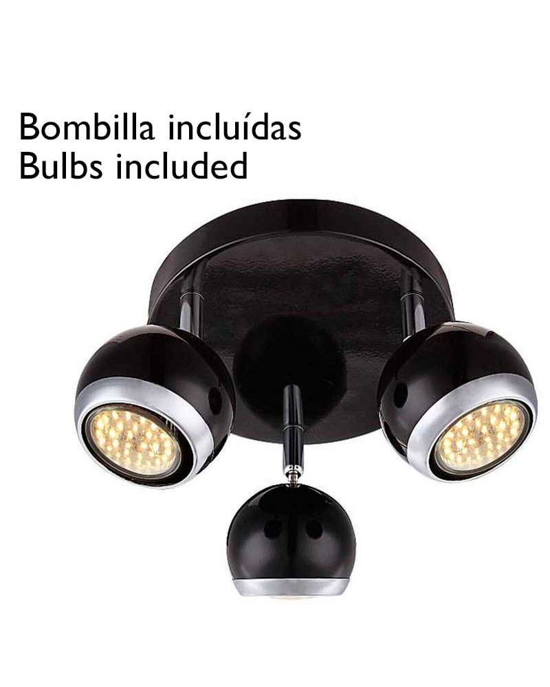 Plafón negro y cromado para pared con pantalla esferica 3xGU10 bombillas LED incluidas