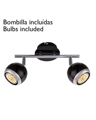 Black and chrome spotlight strip for wall with spherical shade 2xGU10 LED bulbs included