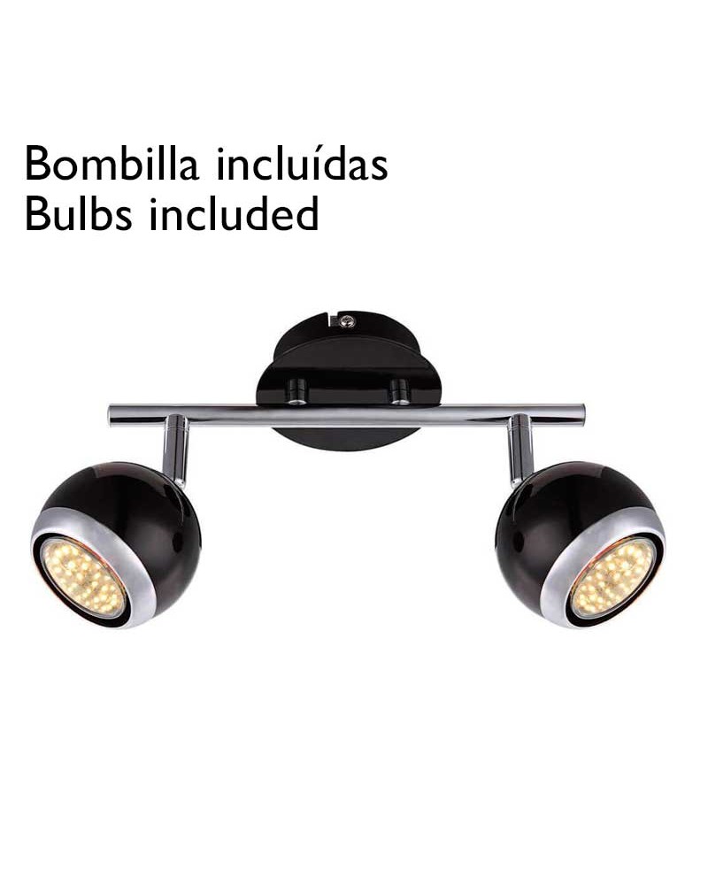 Black and chrome spotlight strip for wall with spherical shade 2xGU10 LED bulbs included