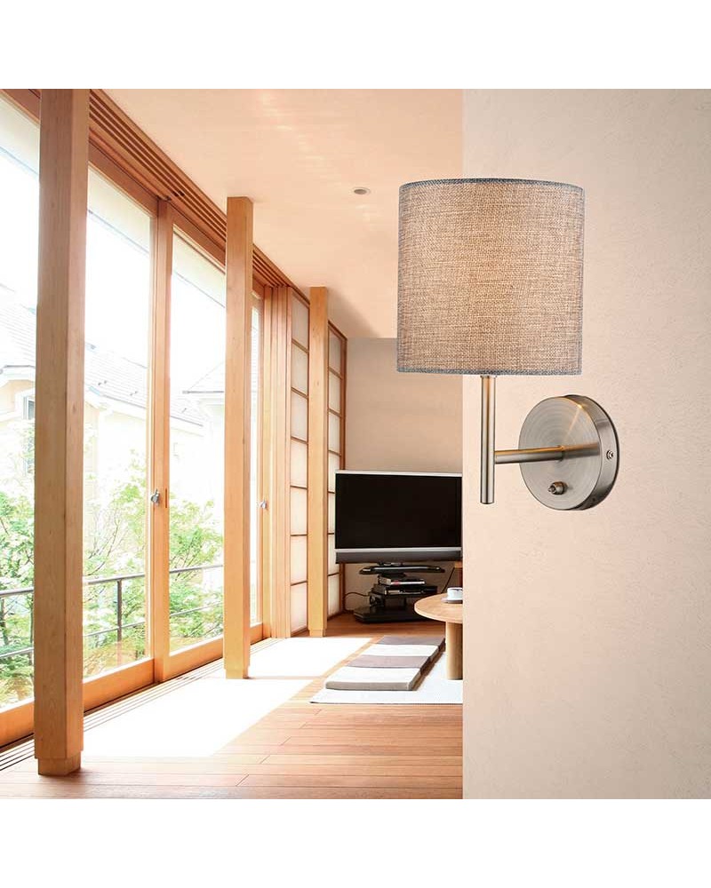 Nickel wall lamp with base switch and sand-colored fabric lampshade 1xE14