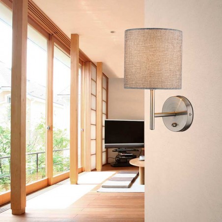 Nickel wall lamp with base switch and sand-colored fabric lampshade 1xE14