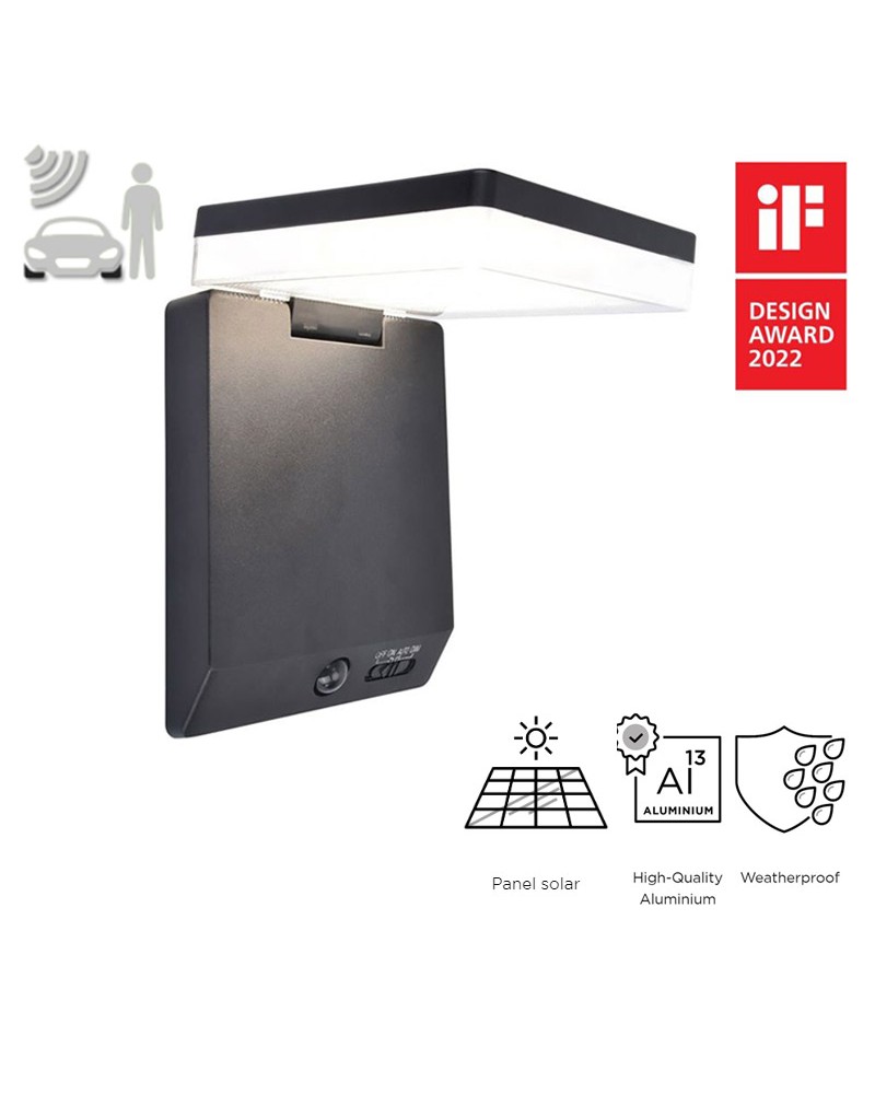 Aplique pared de exterior negro SOLAR 19,5cm de aluminio y PC LED 8W IP44 4000K SENSOR MOVIMENTO