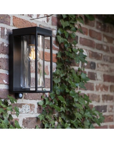 Outdoor wall lamp 28.5cm in aluminum and glass with black finish E27 IP44 MOTION SENSOR