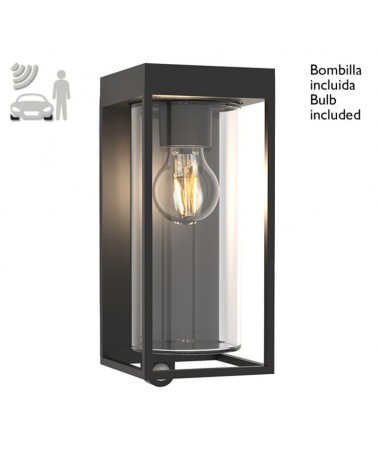 Outdoor wall lamp 28.5cm in aluminum and glass with black finish E27 IP44 MOTION SENSOR
