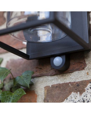 Outdoor wall lamp 28.5cm in aluminum and glass with black finish E27 IP44 MOTION SENSOR