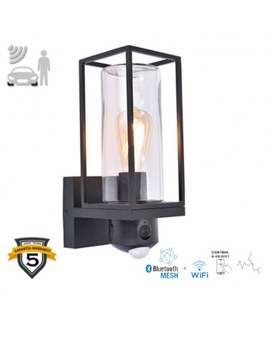 Aplique de exteriores de aluminio y cristal negro 32,6cm E27 IP44 sensor movimiento app y camara full HD