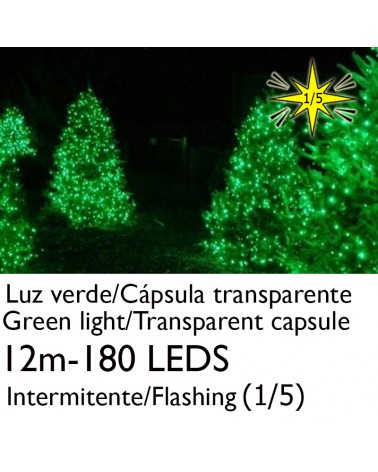 Guirnalda 12m y 180 LEDs Intermitente luz verde cápsula clara cable verde empalmable IP65 apta para exterior