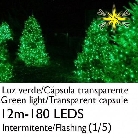String light 12m and 180 LEDs Flashing green light clear capsule green cable connectable IP65 suitable for outdoor use