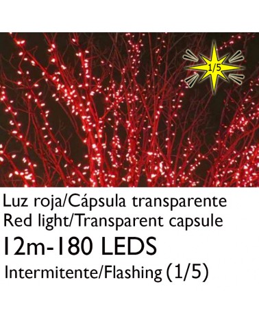 Guirnalda 12m y 180 LEDs Intermitente luz roja cápsula clara cable rojo empalmable IP65 apta para exterior