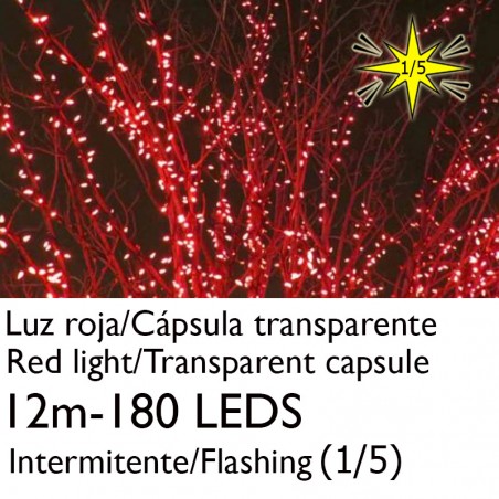 Guirnalda 12m y 180 LEDs Intermitente luz roja cápsula clara cable rojo empalmable IP65 apta para exterior