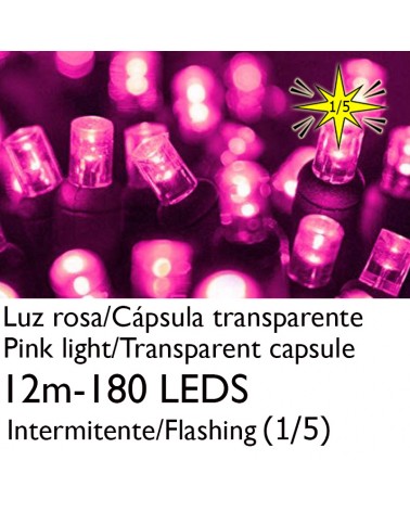 Guirnalda 12m y 180 LEDs Intermitente luz rosa cápsula clara cable rosa empalmable IP65 apta para exterior