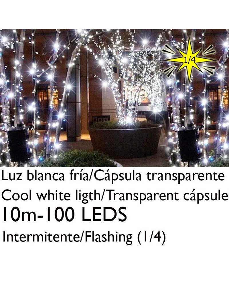 Guirnalda 10m y 100 LEDs Intermitente luz blanca fría cápsula clara cable blanco o verde empalmable IP65 apta para exterior