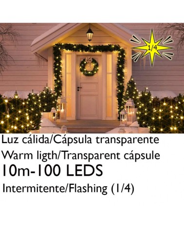 Guirnalda 10m y 100 LEDs Intermitente luz cálida cápsula clara cable blanco o verde empalmable IP65 apta para exterior