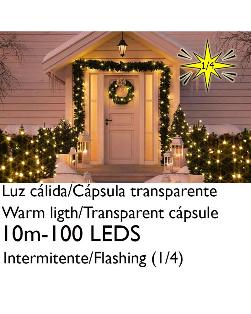 Guirnalda 10m y 100 LEDs Intermitente luz cálida cápsula clara cable blanco o verde empalmable IP65 apta para exterior