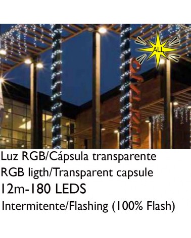 Guirnalda 12m y 180 LEDs Intermitente luz RGB cápsula clara cable verde empalmable IP65 apta para exterior
