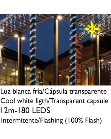 Guirnalda 12m y 180 LEDs Intermitente luz blanca fría cápsula clara cable verde o blando empalmable IP65 apta para exterior