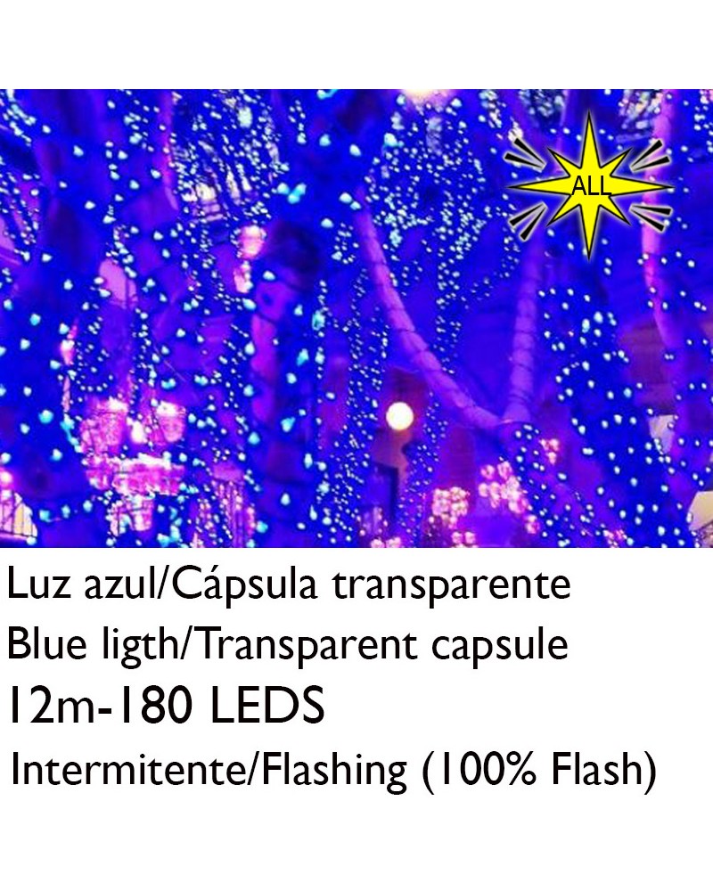 String light 12m and 180 LEDs Flashing blue light clear capsule blue cable conectable IP65 suitable for outdoor use