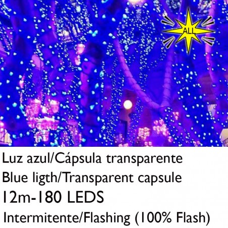 String light 12m and 180 LEDs Flashing blue light clear capsule blue cable conectable IP65 suitable for outdoor use