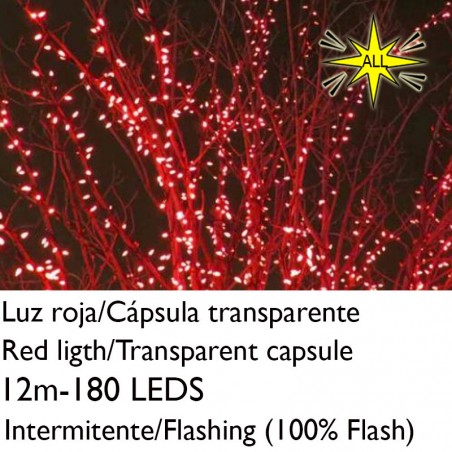 String light 12m and 180 LEDs Flashing red light clear capsule red cable connectable IP65 suitable for outdoor use