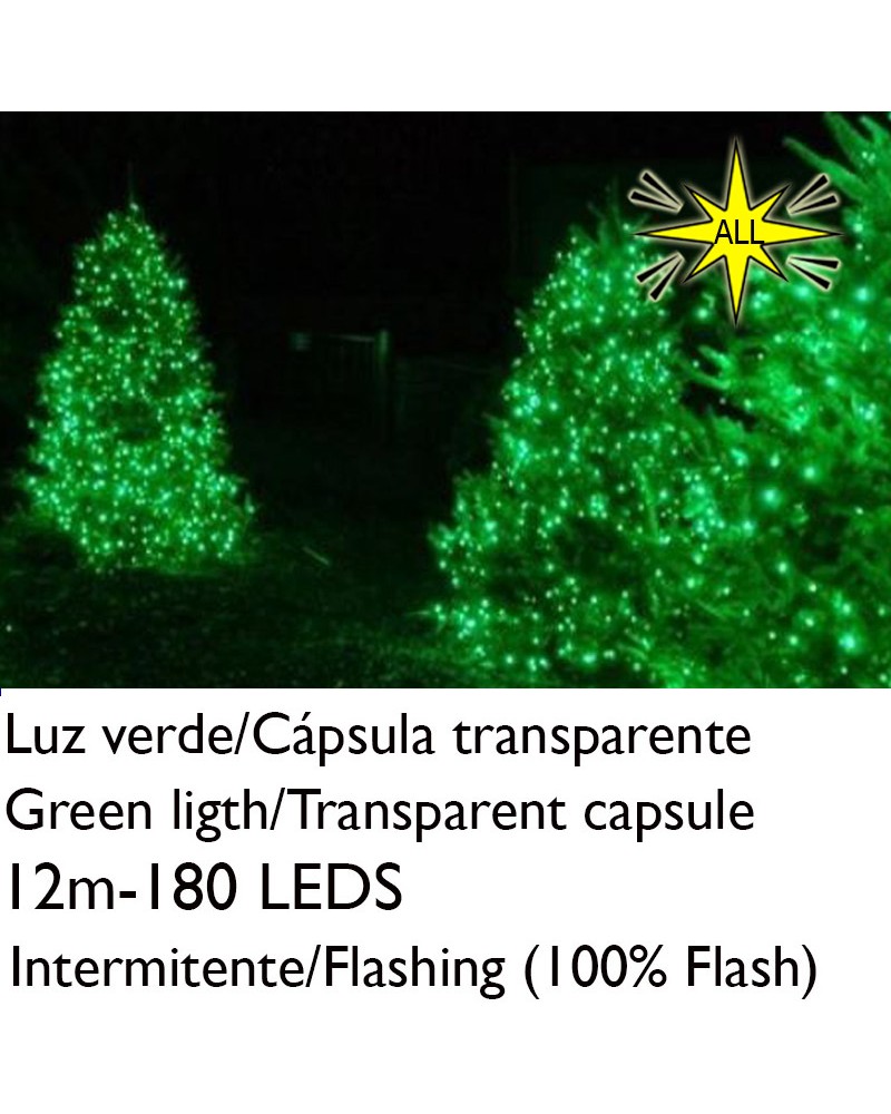 String light 12m and 180 LEDs Flashing green light clear capsule green cable connectable IP65 suitable for outdoor use