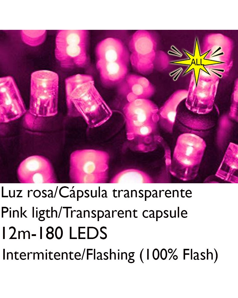 Guirnalda 12m y 180 LEDs Intermitente luz rosa cápsula clara cable rosa empalmable IP65 apta para exterior