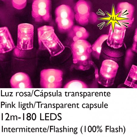 String light 12m and 180 LEDs Flashing pink light clear capsule pink cable connectable IP65 suitable for outdoor use