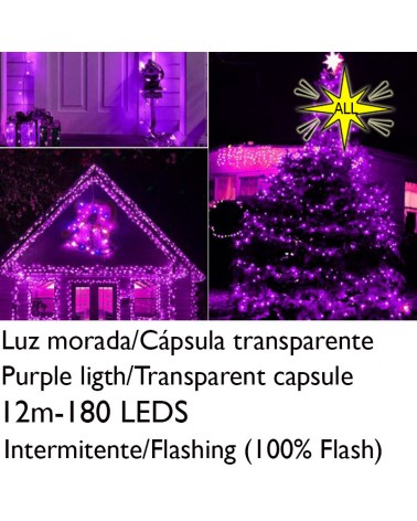 String light 12m and 180 LEDs Flashing purple light clear capsule purple cable connectable IP65 suitable for outdoor use