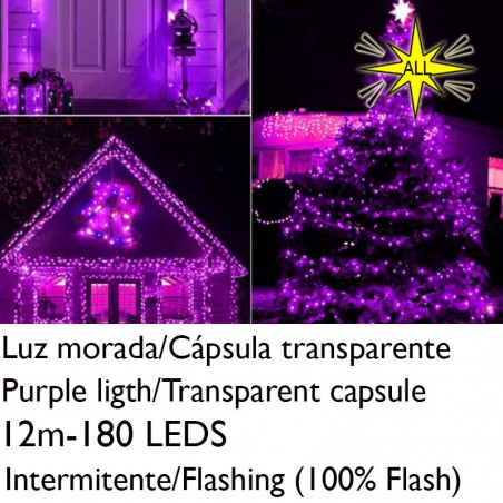 String light 12m and 180 LEDs Flashing purple light clear capsule purple cable connectable IP65 suitable for outdoor use
