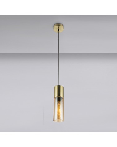 Amber glass pendant lamp golden rosette E27 25cm textile cable