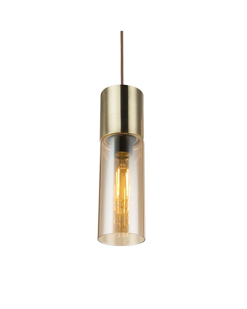 Lámpara colgante cristal ambar florón dorado E27 25cm cable textil