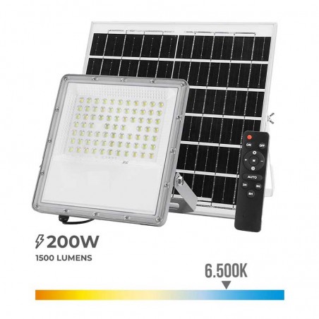 Foco proyector solar 200W de 1500Lm con placa con mando a distancia regulable IP65