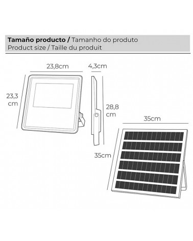 Foco proyector solar potente 200W de 1500Lm con placa con mando a distancia regulable IP65