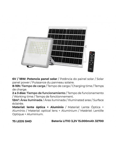 Foco proyector solar potente 200W de 1500Lm con placa con mando a distancia regulable IP65