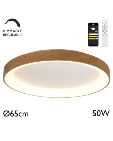 Plafón LED de 65cm de diámetro 50W de metal y acrílico REGULABLE con mando y app