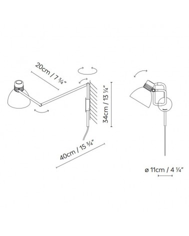 Wall light BLUX SYSTEM W20 PLUG-IN aluminum articulated with cable and E27 socket