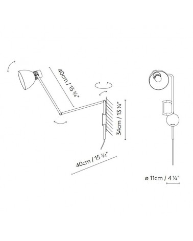 Aplique de pared articulada BLUX SYSTEM W40 PLUG-IN de aluminio con cable y enchufe E27