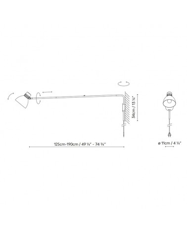 Wall light BLUX SYSTEM W125 PLUG-IN aluminum extendable with cable and E27 socket