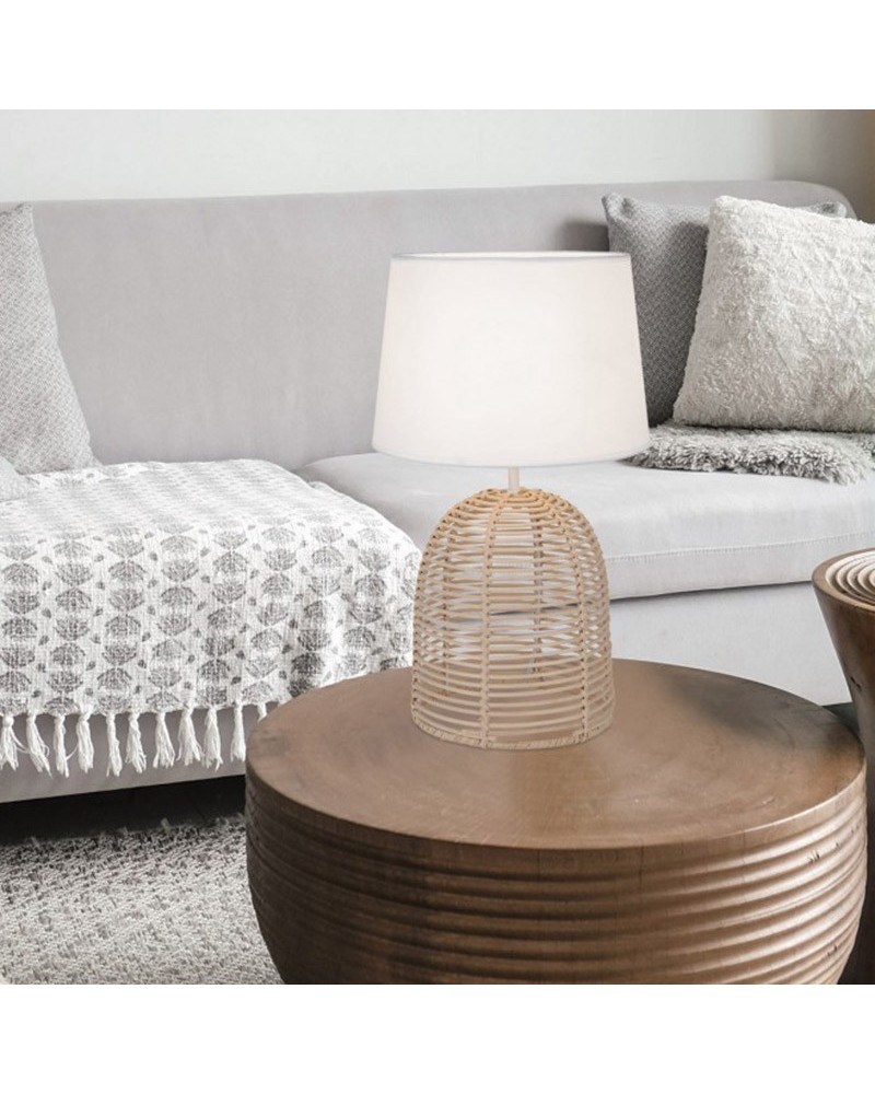 Table lamp 50cm in metal, rattan and fabric natural and white finish E27