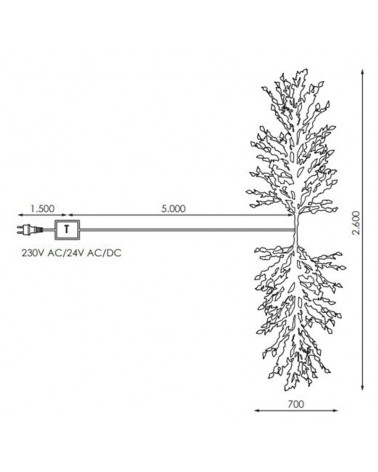 Guirnalda forma de rama 2,60m y 600 LEDs luz cálida cable transparente IP44