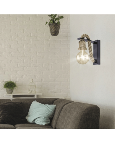 LED Wall lamp 18cm black metal with rope lamp holder 1 X 60W E-27