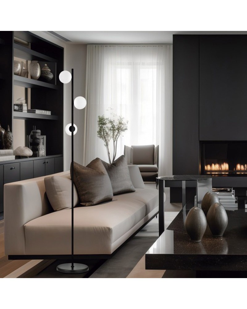 Lámpara de pie 160cm de metal y cristal acabado negro con tres luces G9